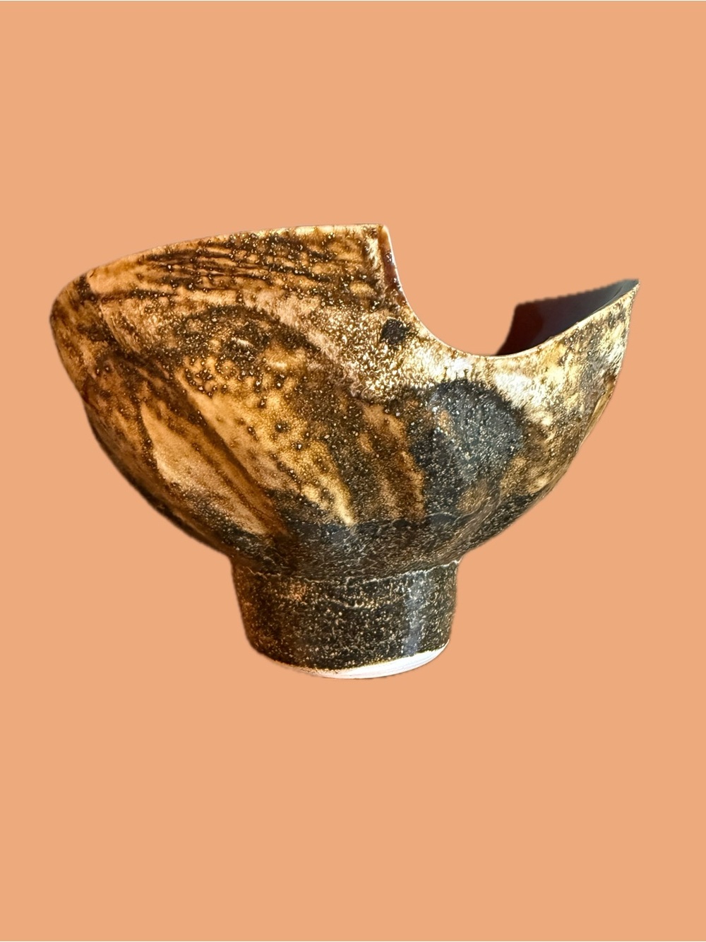 MCM Japanese Studio Pottery Ikebana Pedestal Bowl Sanded Brutalist Wabi Sabi - Picture 3 of 8